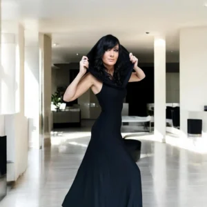 Hooded black maxi dress.