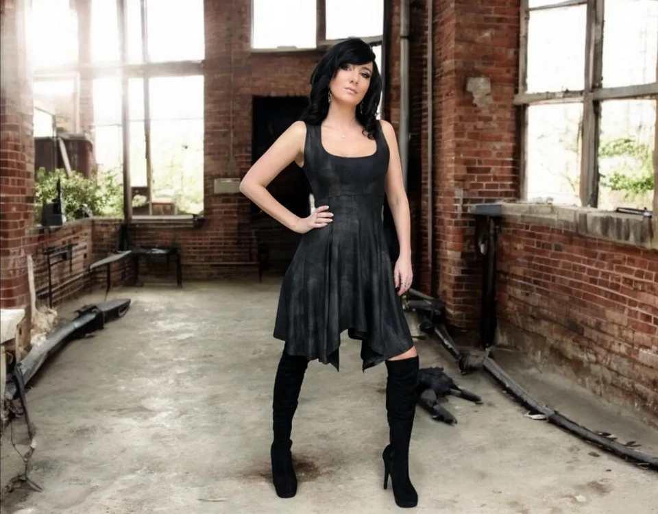 Black with metallic gold sheen tissue hem short sleeveless dress.