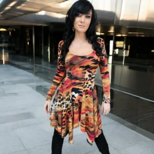 Long-sleeve orange, black and yellow animal print tissue hem round neck mini dress.