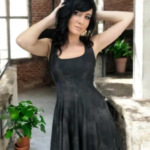 Black with metallic gold sheen tissue hem short sleeveless dress.