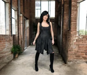 Black with metallic gold sheen tissue hem short sleeveless dress.