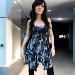 Gray on black newspaper print sleeveless non-symmetrical short dress.