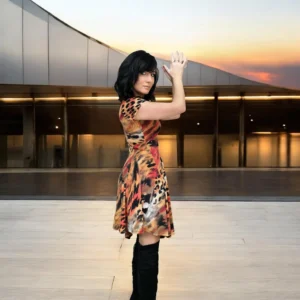 Cap sleeve orange, black and yellow animal print tissue hem round neck mini dress.
