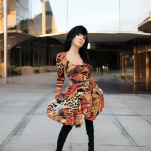 Long-sleeve orange, black and yellow animal print tissue hem round neck mini dress.
