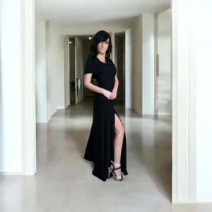 Double-slitted black bamboo maxi dress with versatile oversized hood.
