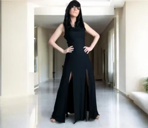 Double-slitted black bamboo maxi dress with versatile oversized hood.