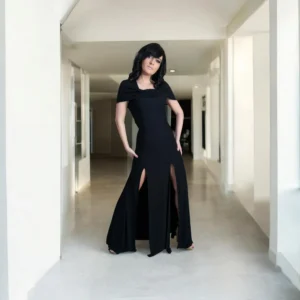 Double-slitted black bamboo maxi dress with versatile oversized hood.