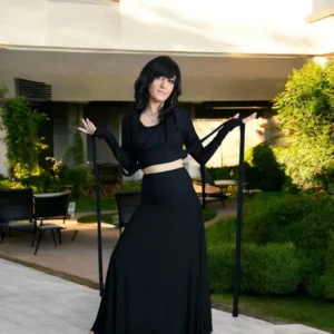 Black bamboo hooded crop top and maxi skirt matching set.