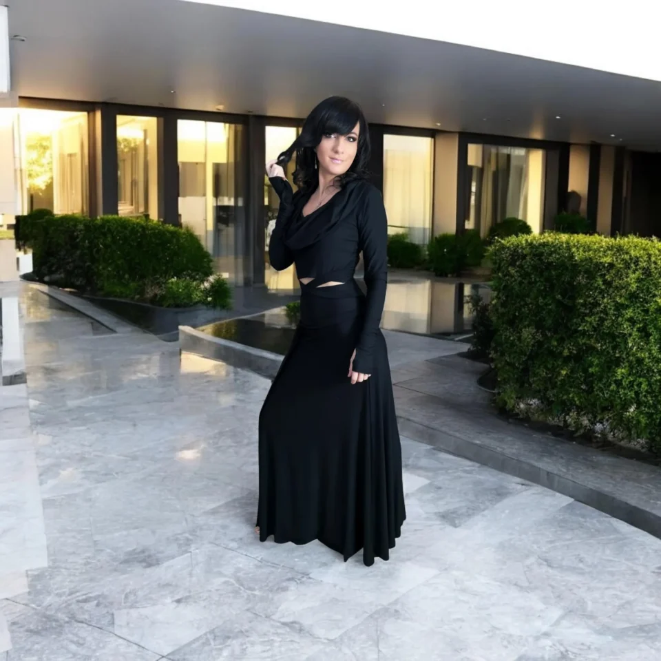 Black bamboo hooded crop top and maxi skirt matching set.