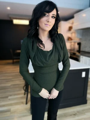 Hooded long sleeve lizard green tunic top.