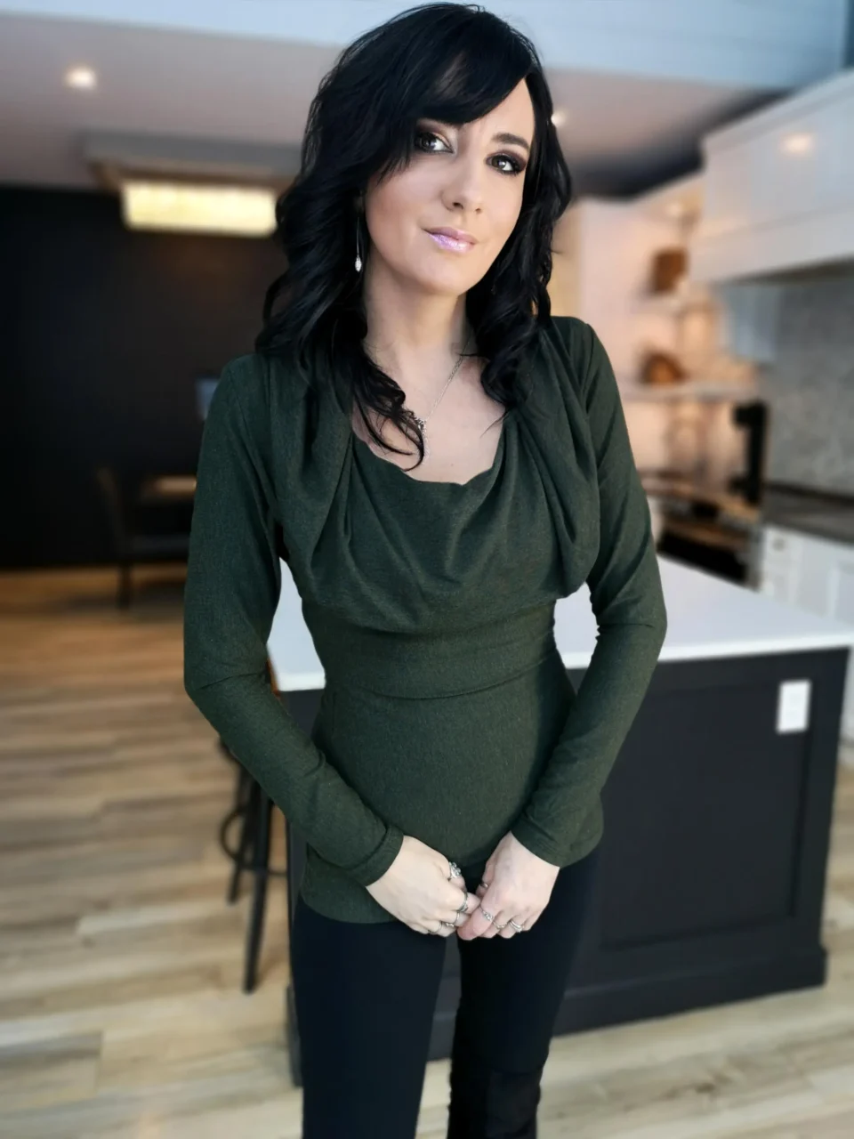 Hooded long sleeve lizard green tunic top.