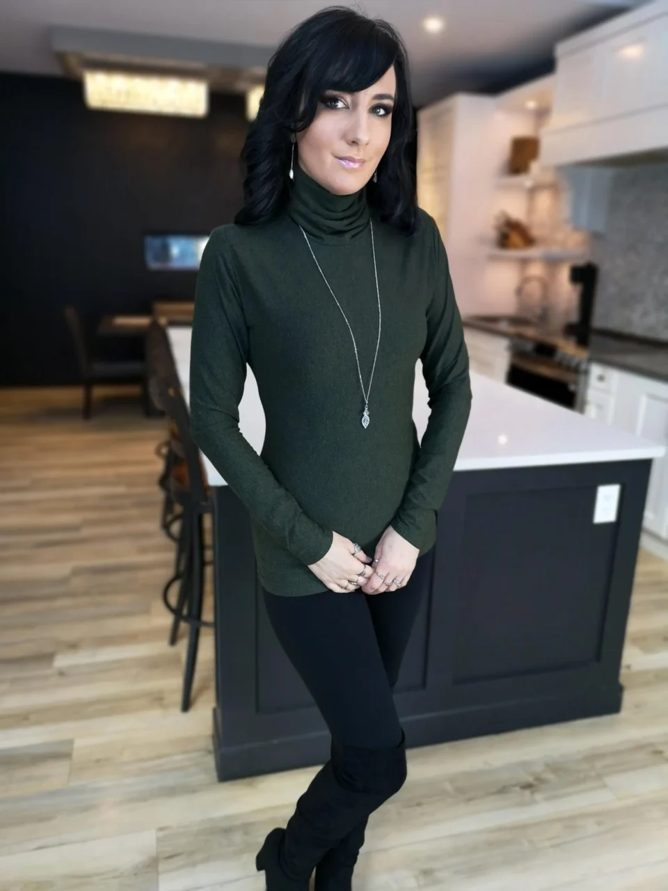 Lizard green cotton/bamboo long-sleeve turtleneck.
