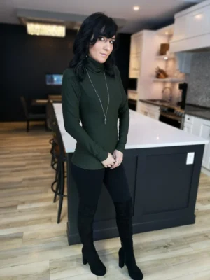 Lizard green cotton/bamboo long-sleeve turtleneck.