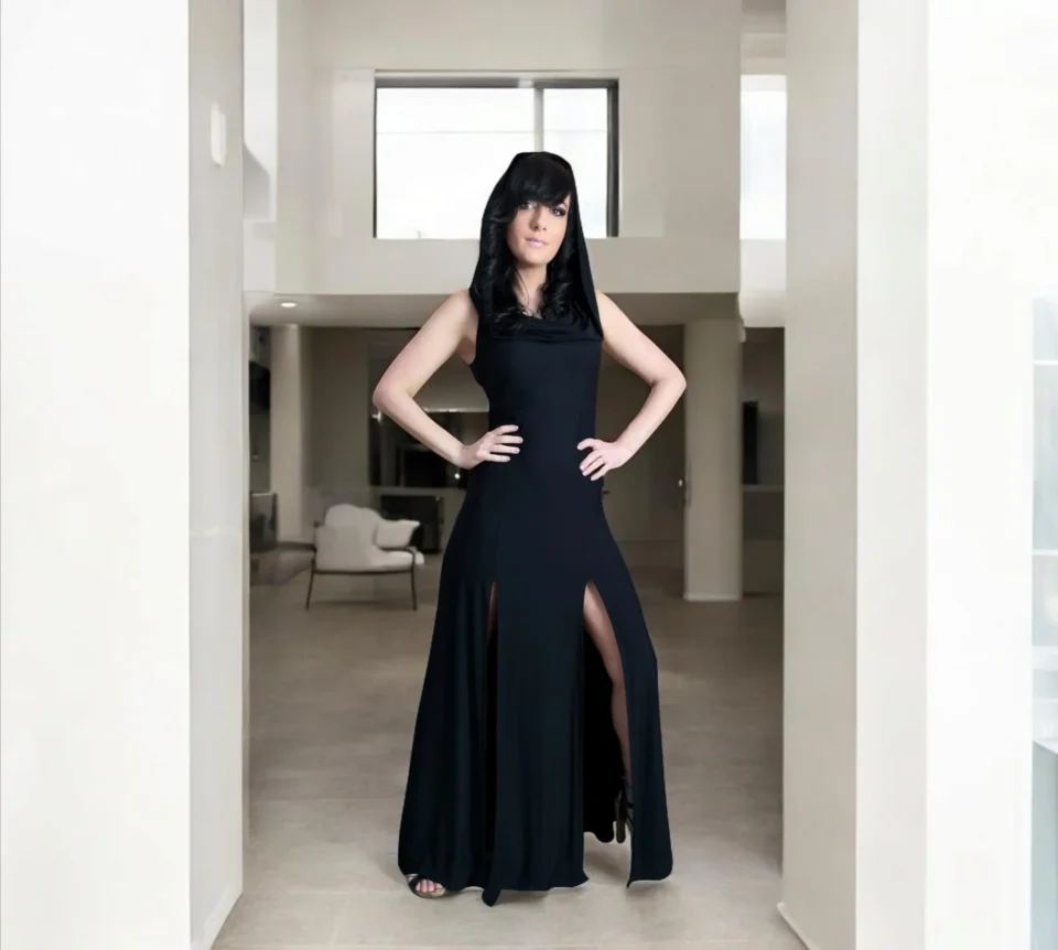 Double-slitted black bamboo maxi dress with versatile oversized hood.
