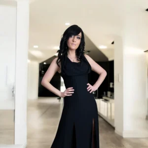 Double-slitted black bamboo maxi dress with versatile oversized hood.