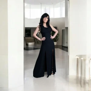 Double-slitted black bamboo maxi dress with versatile oversized hood.