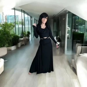 Black bamboo hooded crop top and maxi skirt matching set.