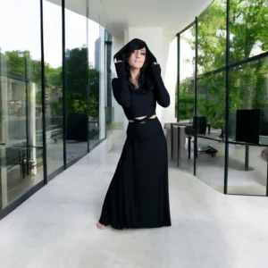 Black bamboo hooded crop top and maxi skirt matching set.