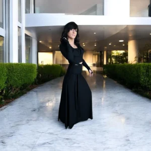 Black bamboo hooded crop top and maxi skirt matching set.