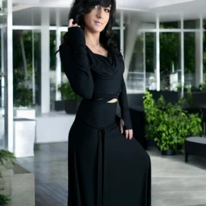 Black bamboo hooded crop top and maxi skirt matching set.