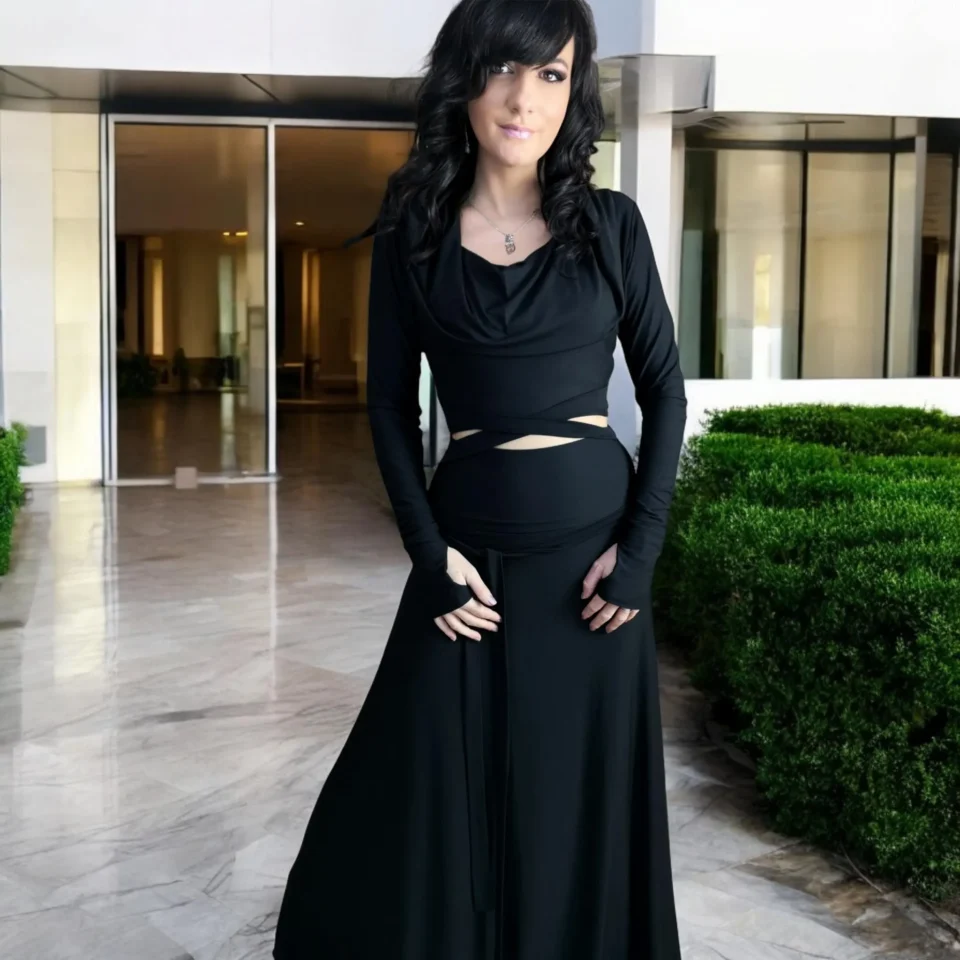 Black bamboo hooded crop top and maxi skirt matching set.