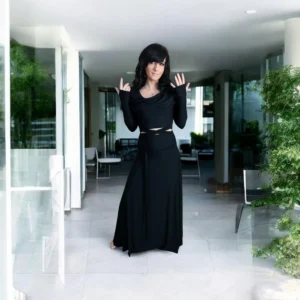 Black bamboo hooded crop top and maxi skirt matching set.