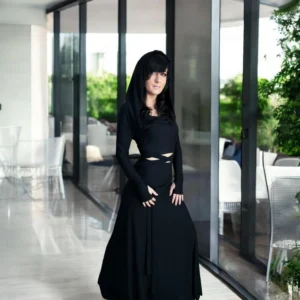Black bamboo hooded crop top and maxi skirt matching set.