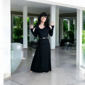 Black bamboo hooded crop top and maxi skirt matching set.