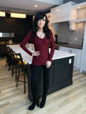 Burgundy red long-sleeve fitted hooded top in soft, sustainable bamboo. Besides being worn up or down, the hood can be draped down your bust to amplify the cowl neck, or worn off the shoulders.