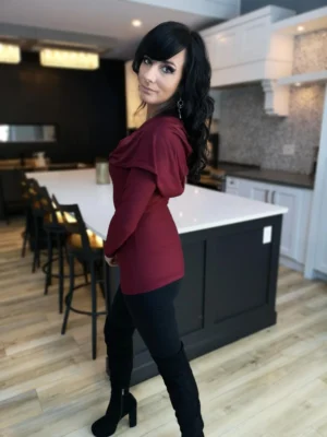 Burgundy red long-sleeve fitted hooded top in soft, sustainable bamboo. Besides being worn up or down, the hood can be draped down your bust to amplify the cowl neck, or worn off the shoulders.