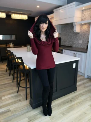 Burgundy red long-sleeve fitted hooded top in soft, sustainable bamboo. Besides being worn up or down, the hood can be draped down your bust to amplify the cowl neck, or worn off the shoulders.