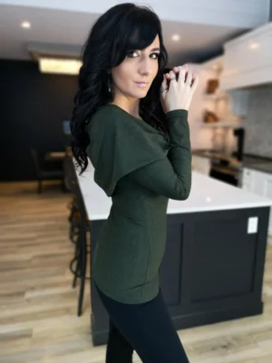 Hooded long sleeve lizard green tunic top.