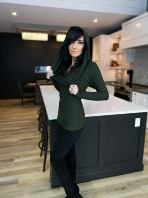 Hooded long sleeve lizard green tunic top.
