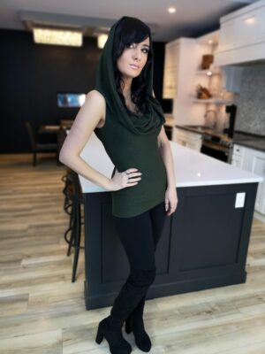 Hooded cowl neck green tunic top.