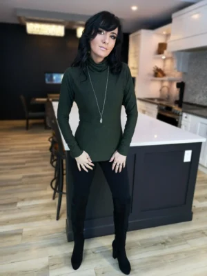 Lizard green cotton/bamboo long-sleeve turtleneck.