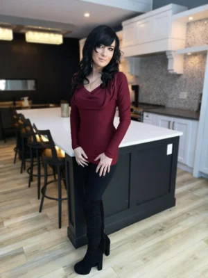 Burgundy red long-sleeve fitted hooded top in soft, sustainable bamboo. Besides being worn up or down, the hood can be draped down your bust to amplify the cowl neck, or worn off the shoulders.