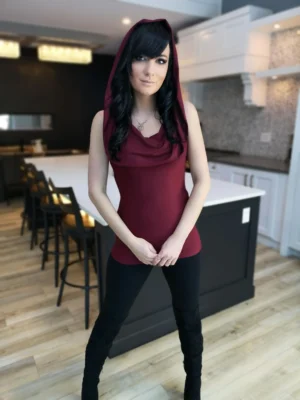 Burgundy red sleeveless fitted hooded top in soft, sustainable bamboo. Besides being worn up or down, the hood can be draped down your bust to amplify the cowl neck, or worn off the shoulders.