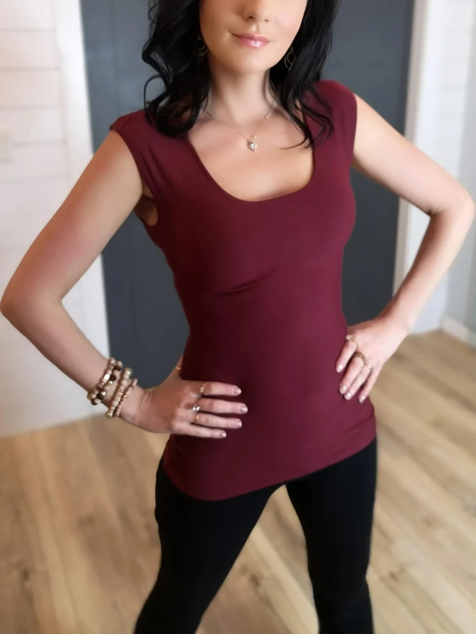 Burgundy red fitted cap sleeve scoop neck top.