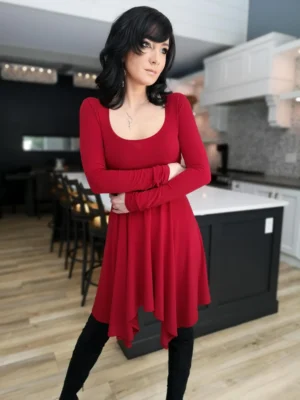 Short red long-sleeve tissue hem dress.