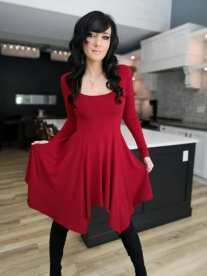 Short red long-sleeve tissue hem dress.