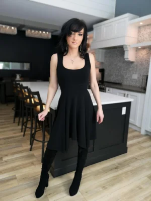 Black sleeveless tissue hem short dress.