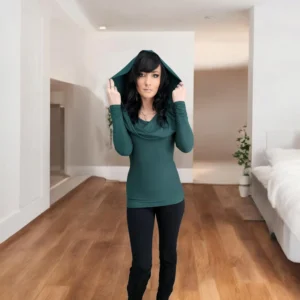 Light green fitted long-sleeve cowl neck hooded top.