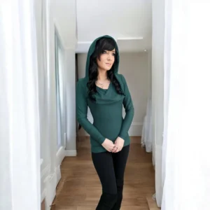 Light green fitted long-sleeve cowl neck hooded top.