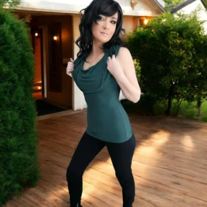 Cowl neck soft green bamboo top with oversize hood.
