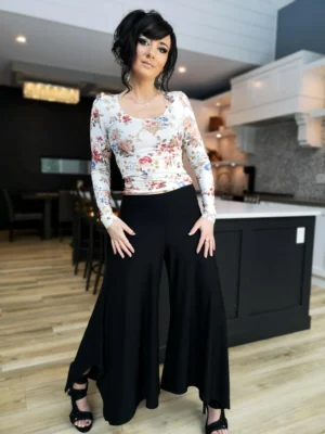 Black bamboo flowing pants with fitted waist.