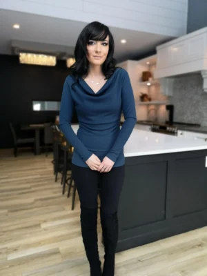 Blue ribbed cowl neck long-sleeve top.