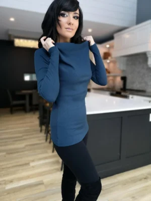 Blue ribbed cowl neck long-sleeve top.