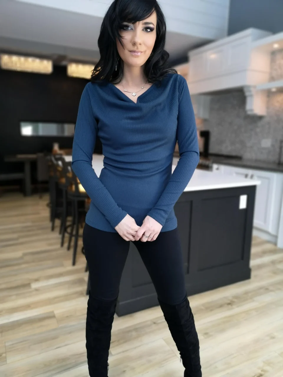 Blue Ribbed Cowl Neck Long-Sleeve Top