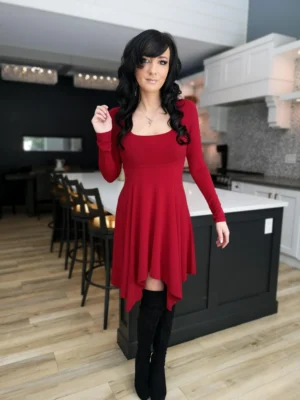 Short red long-sleeve tissue hem dress.