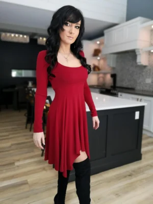 Short red long-sleeve tissue hem dress.